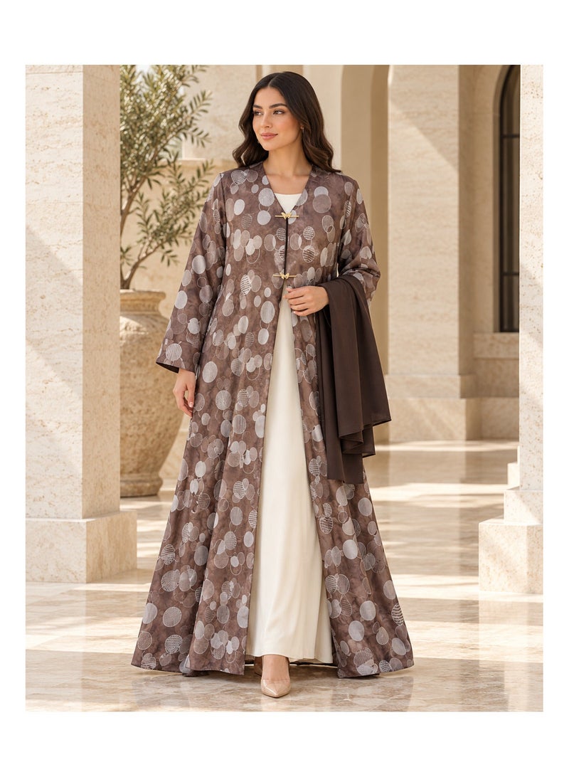 KAVALEE Women's Mocha Brown Circle Print Open Abaya with Gold Butterfly Clasps & Matching Scarf - Image 4