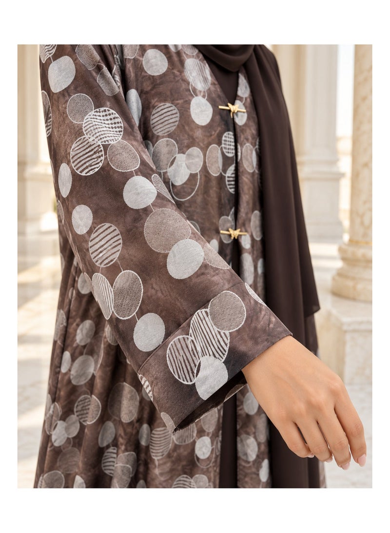 KAVALEE Women's Mocha Brown Circle Print Open Abaya with Gold Butterfly Clasps & Matching Scarf - Image 2