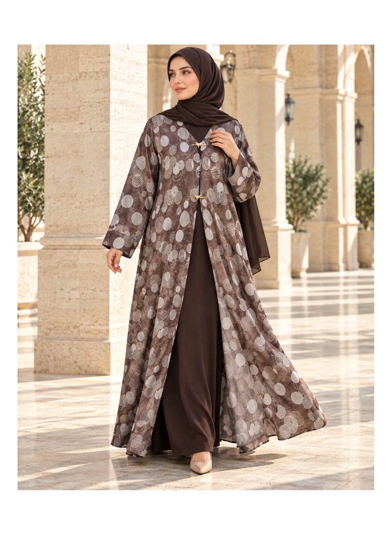 KAVALEE Women's Mocha Brown Circle Print Open Abaya with Gold Butterfly Clasps & Matching Scarf - Image 5