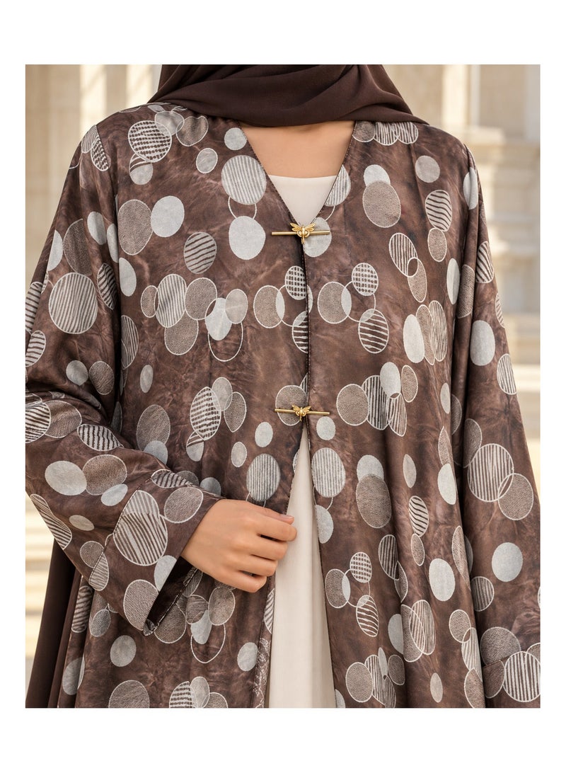 KAVALEE Women's Mocha Brown Circle Print Open Abaya with Gold Butterfly Clasps & Matching Scarf - Image 3
