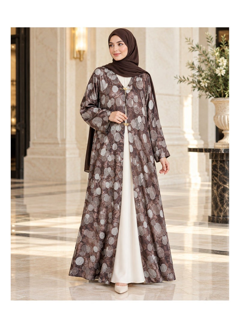 KAVALEE Women's Mocha Brown Circle Print Open Abaya with Gold Butterfly Clasps & Matching Scarf - Image 1