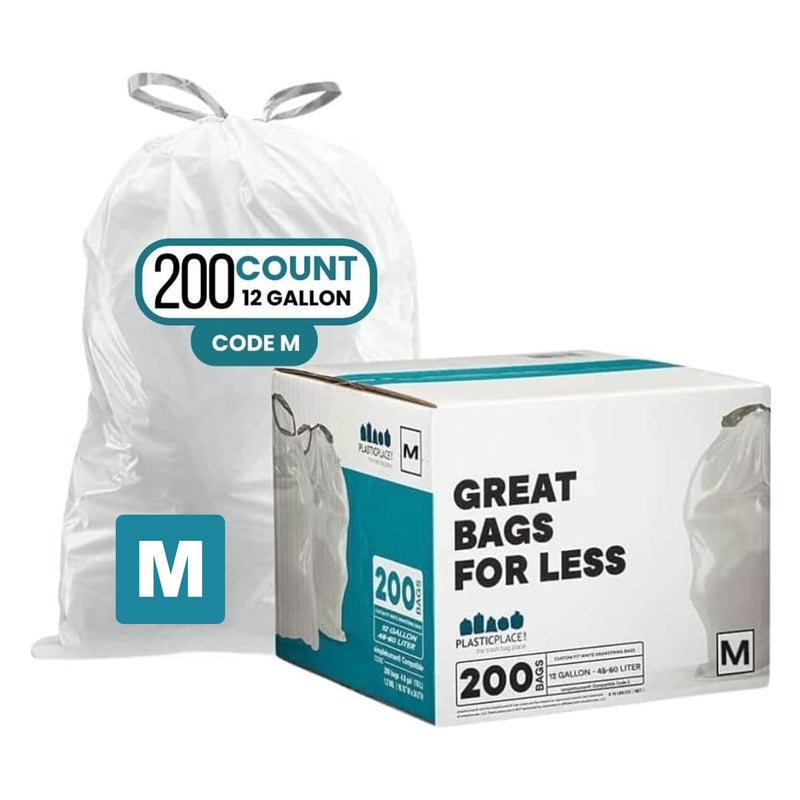 Plasticplace Custom Fit Trash Bags Compatible with Simplehuman Code M 12 Gallon Drawstring Garbage Bags 200 Count TearResistant Trash Can Liners for Kitchen and Office 12 Mil White 21 x 305