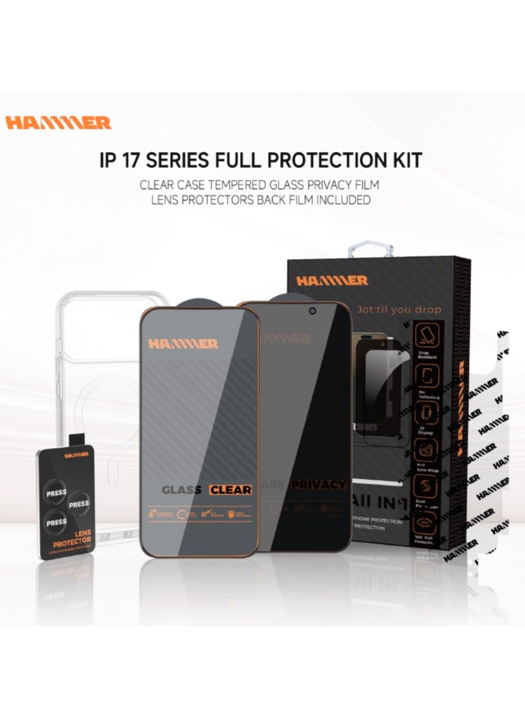 Hammer Complete Hammer Package for iPhone 17 Air comes with 2 transparent front protectors, a cover, and a slim crystal case that is anti-yellowing, drop-resistant, and has a tilt-adjustable lens protection. - Image 1