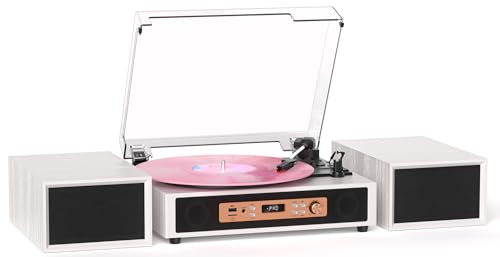 TANLANIN Bluetooth Record Player with Built-in & External Stereo Speakers, USB/TF Card & PC Recording, 3-Speed Belt-Drive Vintage Turntable with Dual RCA Outputs, White Wood Grain for Home Entertainment Gift - Image 1