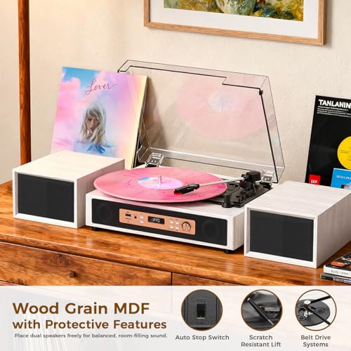 TANLANIN Bluetooth Record Player with Built-in & External Stereo Speakers, USB/TF Card & PC Recording, 3-Speed Belt-Drive Vintage Turntable with Dual RCA Outputs, White Wood Grain for Home Entertainment Gift - Image 3