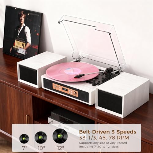 TANLANIN Bluetooth Record Player with Built-in & External Stereo Speakers, USB/TF Card & PC Recording, 3-Speed Belt-Drive Vintage Turntable with Dual RCA Outputs, White Wood Grain for Home Entertainment Gift - Image 2