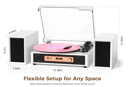 TANLANIN Bluetooth Record Player with Built-in & External Stereo Speakers, USB/TF Card & PC Recording, 3-Speed Belt-Drive Vintage Turntable with Dual RCA Outputs, White Wood Grain for Home Entertainment Gift - Image 5