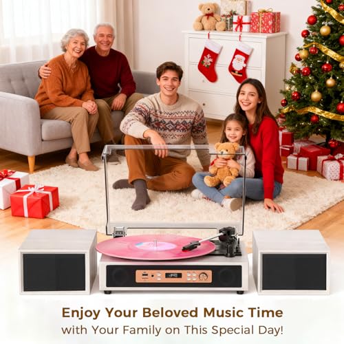 TANLANIN Bluetooth Record Player with Built-in & External Stereo Speakers, USB/TF Card & PC Recording, 3-Speed Belt-Drive Vintage Turntable with Dual RCA Outputs, White Wood Grain for Home Entertainment Gift - Image 4