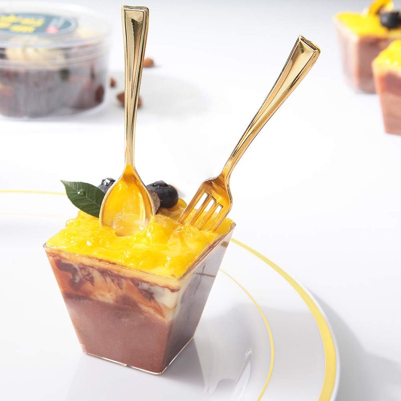 WDF Disposable Plastic Mini Forks 300 Pieces 4 Inches | Gold Plastic Forks | Heavy Duty Plastic Tasting Forks | Perfect for Small Appetizers and Desserts - Image 4