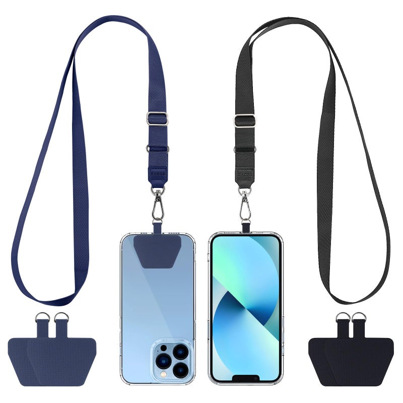 CACOE Phone Lanyard 2 Pcs Adjustable Neck Strap,4 Pcs Patches,Universal Crossbody Multifuctional Patch Polyester Lanyards Compatible with Most Smartphones(Black+Dark Blue) - Image 1