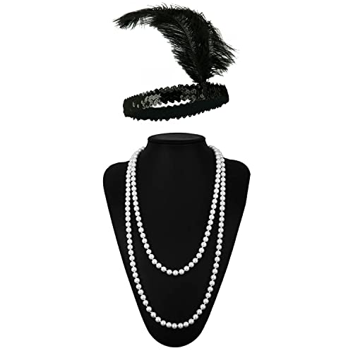 Leadtex Women's 1920s Fringed Flapper Costume,Gangster Lady Costume,Great Gatsby Dresses with Feather Headband,Beaded Necklace Black 4-6 - Image 5