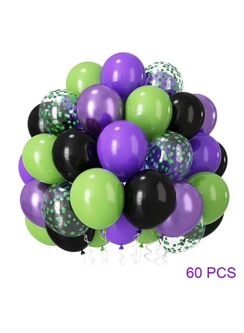 بوكسوودس 60 قطعة من البالونات المعدنية باللون الأسود والأرجواني والأخضر والكروم والقصاصات الورقية لتزيين حفلات أعياد الميلاد ذات الطابع الخارق في عيد الهالوين - Image 1