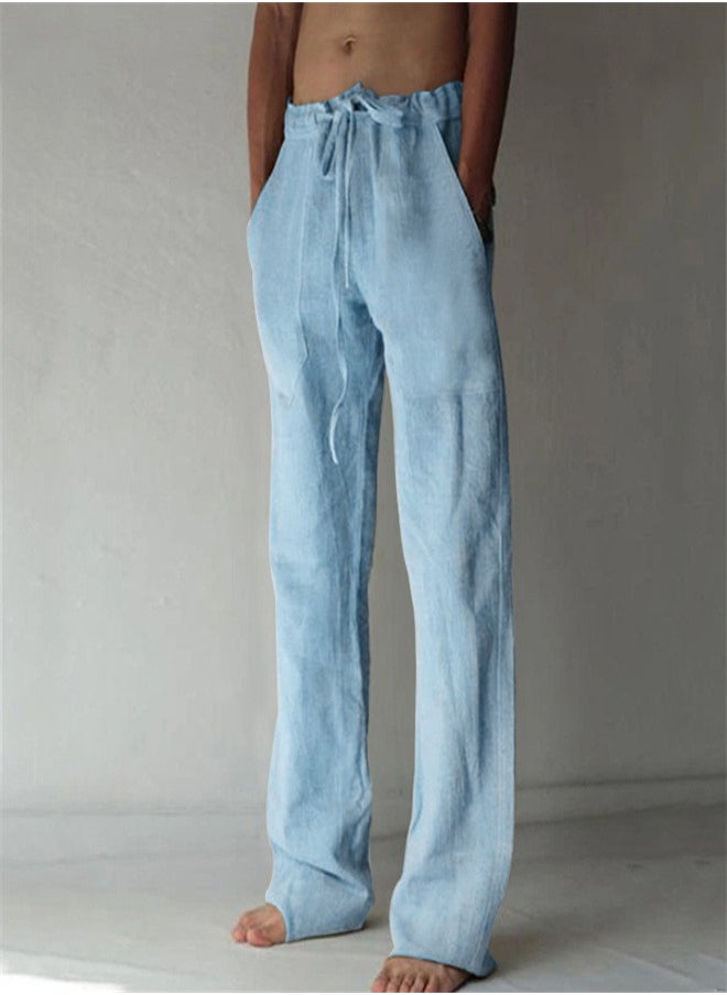 Loquat - Casual Solid Color Thin Linen Pants Light blue - Image 1