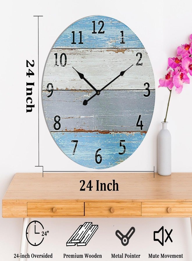 Eruner Large Wall Clock for Living Room Decor，24 Inch Blue Round Wood Clock for Bedroom,Coastal Vintage Rustic Clock for Farmhouse Kitchen - Image 3