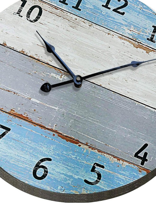 Eruner Large Wall Clock for Living Room Decor，24 Inch Blue Round Wood Clock for Bedroom,Coastal Vintage Rustic Clock for Farmhouse Kitchen - Image 2