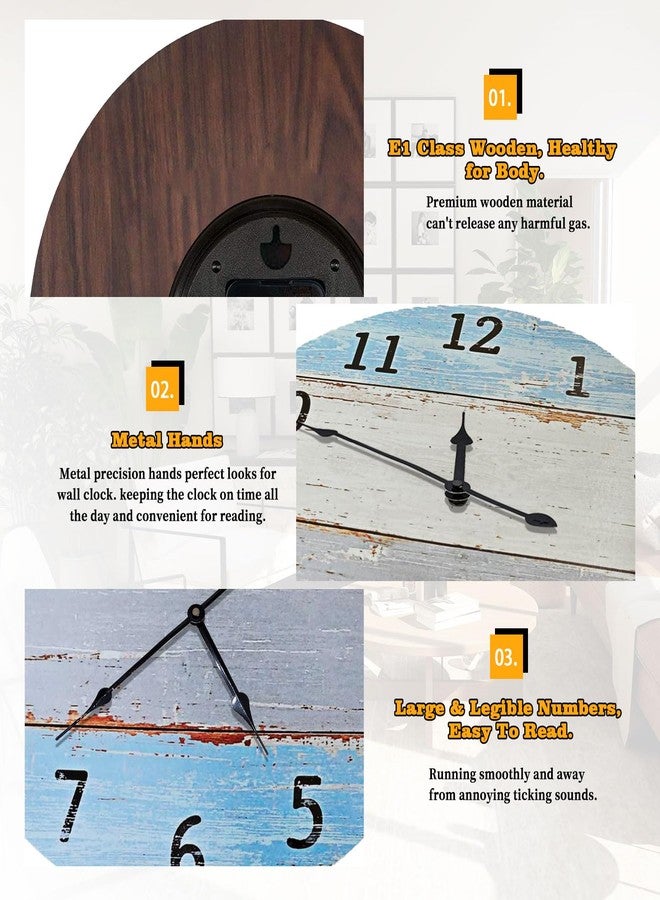 Eruner Large Wall Clock for Living Room Decor，24 Inch Blue Round Wood Clock for Bedroom,Coastal Vintage Rustic Clock for Farmhouse Kitchen - Image 5