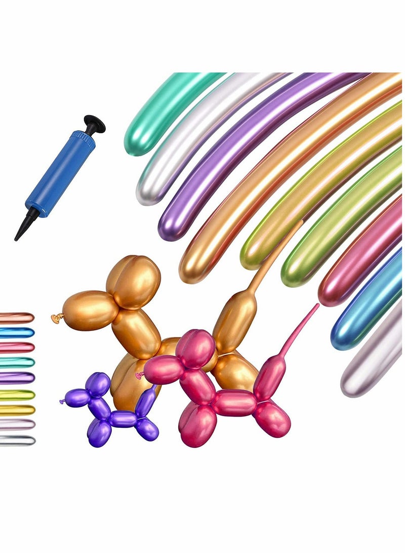 KASTWAVE Shiny Chrome Latex Twisting Balloons for Balloon Animals, 100PCS Long Twisting Balloons Kit, Metallic 260 Latex Balloons, Chrome Balloons Mixed Color for Birthday Wedding Festival (Ballon with Pump) - Image 1