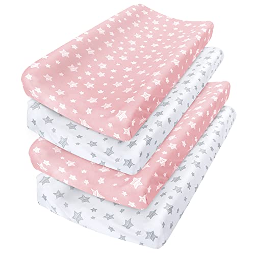 Moonsea Changing Pad Cover for Girls 4 Pack Lovely Print Soft Unisex Diaper Change Table Sheets Fit 32x16 Contoured Pad Comfy Cozy 4Pack Cradle Sheets - Image 1