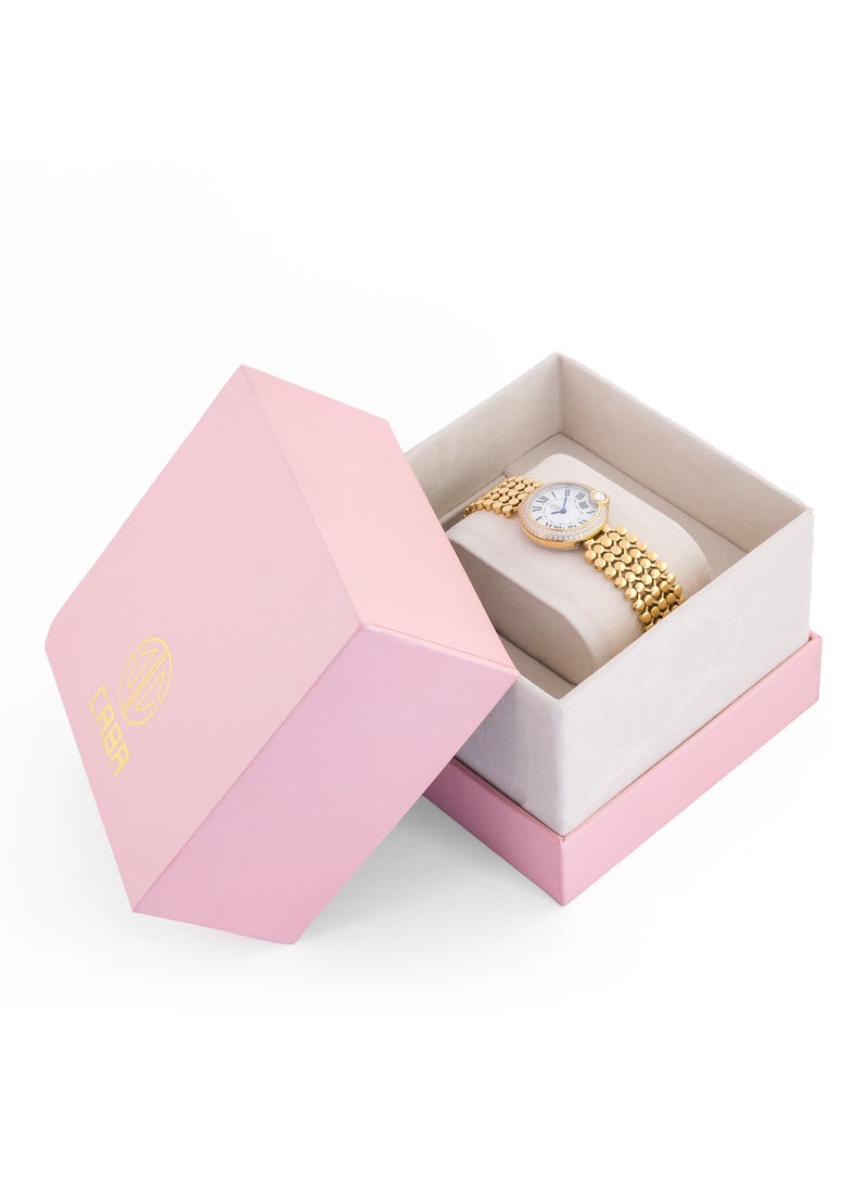 CABA Women's Watch, Elegant Design, Roman Numerals, Studded with Zircon Stones, Waterproof, Stainless Steel Bracelet, Gold - 3106912SLG - Image 5