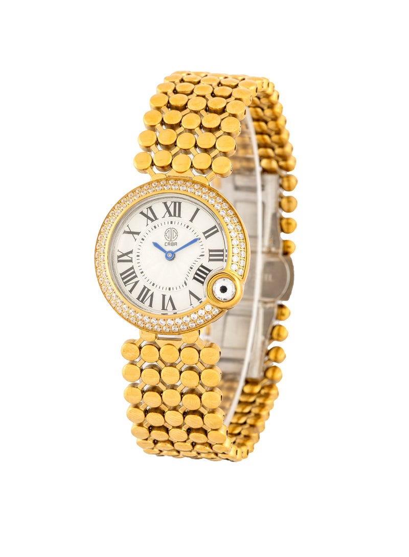 CABA Women's Watch, Elegant Design, Roman Numerals, Studded with Zircon Stones, Waterproof, Stainless Steel Bracelet, Gold - 3106912SLG - Image 3
