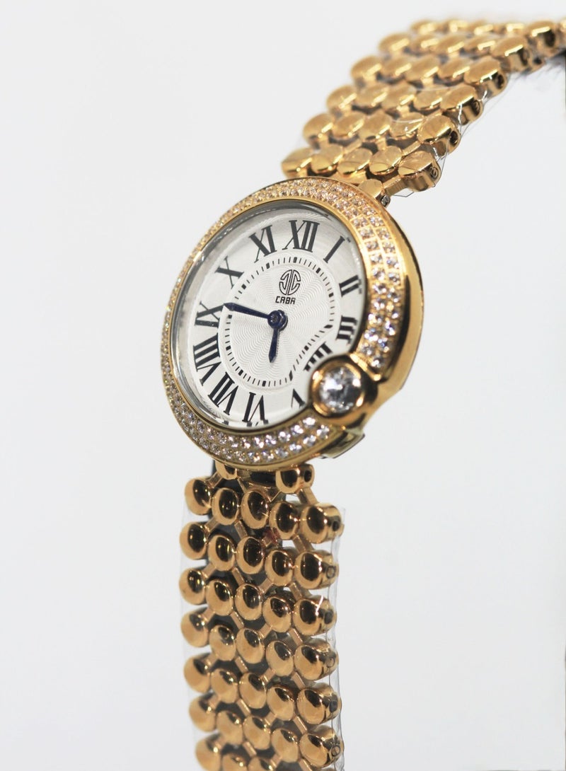 CABA Women's Watch, Elegant Design, Roman Numerals, Studded with Zircon Stones, Waterproof, Stainless Steel Bracelet, Gold - 3106912SLG - Image 4