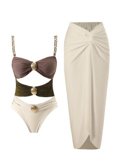Generic 2Pcs The latest trend splicing one-piece swimsuit set retro metal buckle summer travel beach swimsuit  - Image 1
