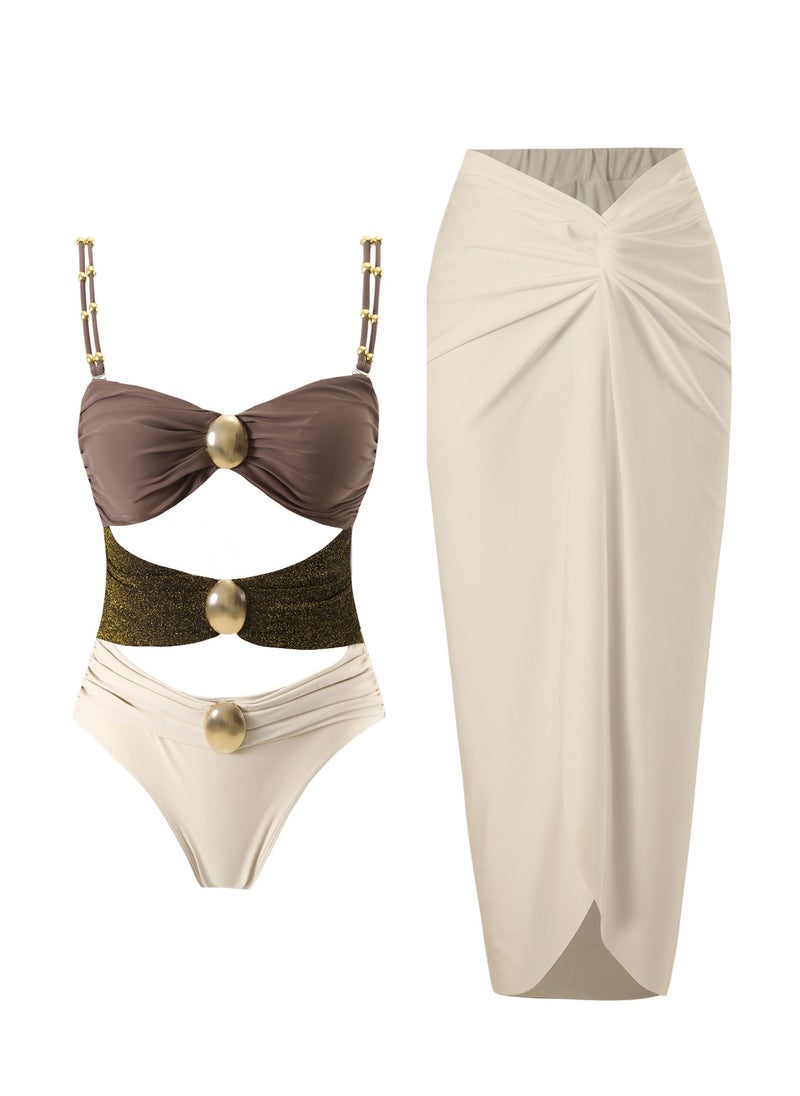 Generic 2Pcs The latest trend splicing one-piece swimsuit set retro metal buckle summer travel beach swimsuit  - Image 1