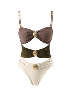 Generic 2Pcs The latest trend splicing one-piece swimsuit set retro metal buckle summer travel beach swimsuit  - Image 2