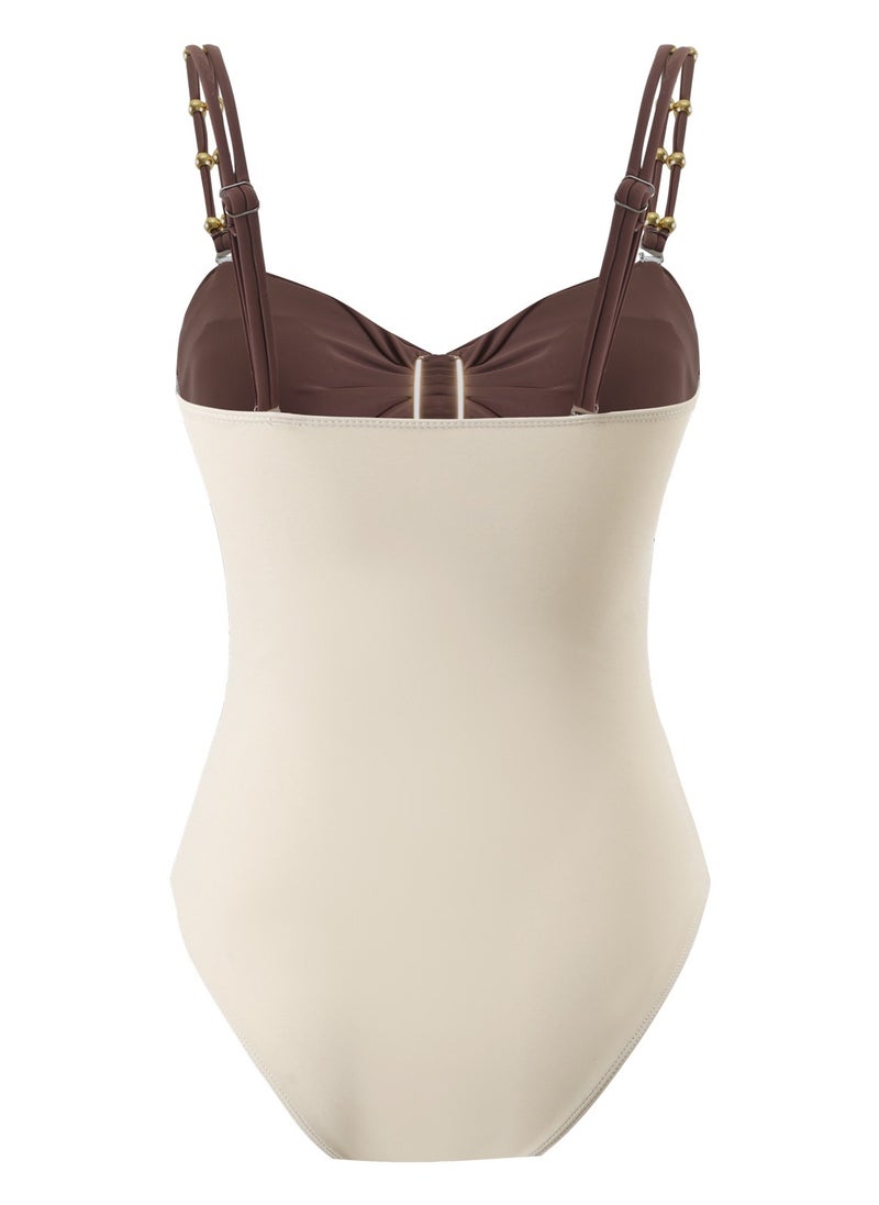 Generic 2Pcs The latest trend splicing one-piece swimsuit set retro metal buckle summer travel beach swimsuit  - Image 3
