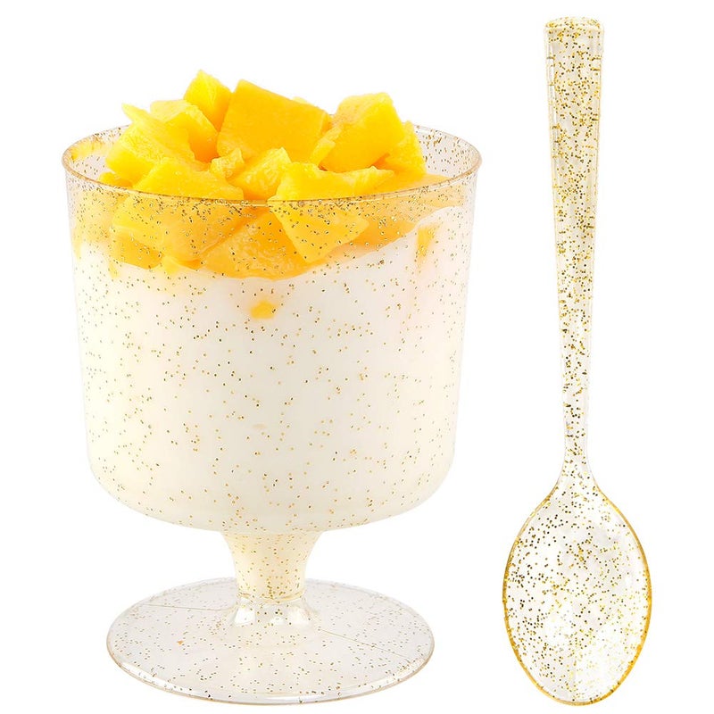WDF 96PACK 7oz Gold Glitter Medium Large Plastic Dessert Cups With Spoons48 Disposable Appetizer Cups Wine Goblet Glasses  48 Gold Glitter Tasting Spoons for Party