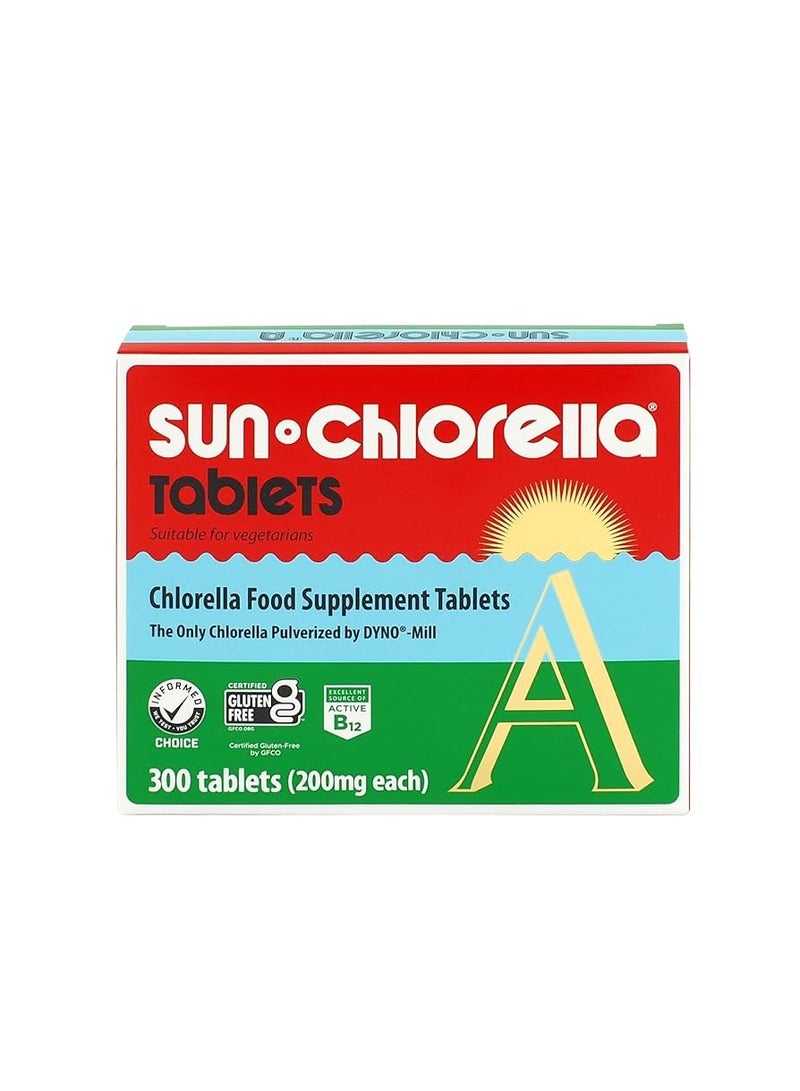 Sun Chlorella مكمل غذائي من الطحالب الخضراء صن كلوريلا 200 ملغ - جدار خلية مسحوق - كلوروفيل، CGF، ب12 نشط، حديد، بروتين - غير معدلة وراثيًا - 300 قرص