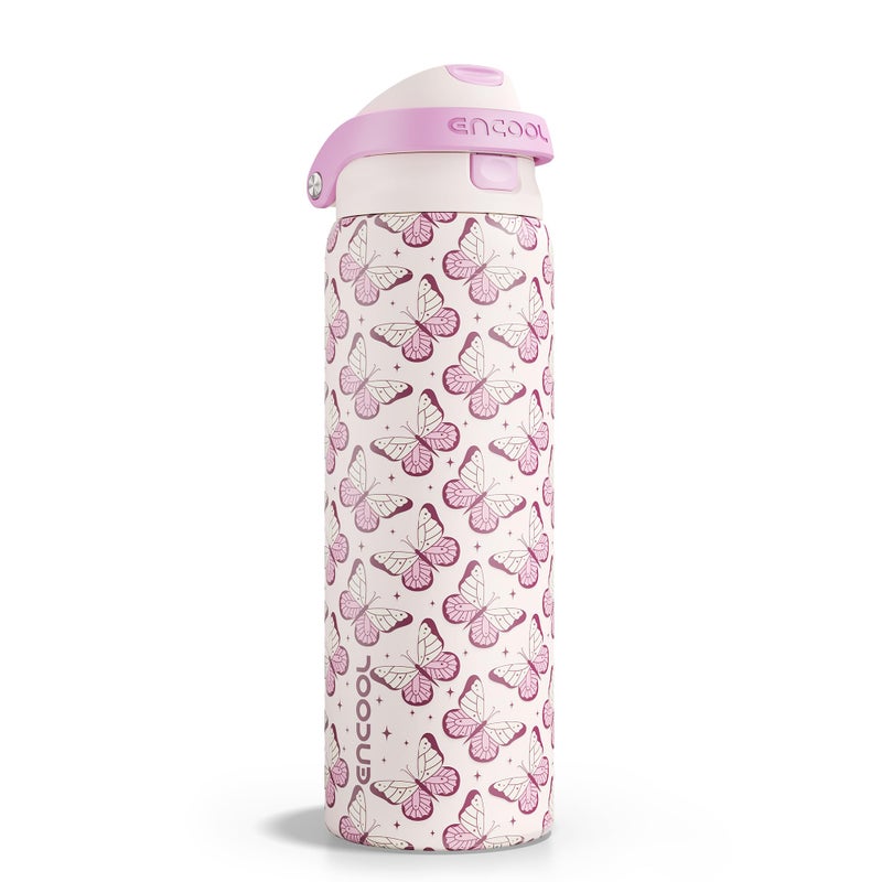 ENCOOL Leakproof Insulated Water Bottle with Straw Dual-Sip Water Bottle Bag-Safe Design for Work, Commute & Gym â€“ Keeps Drinks Cold All Day, 32 oz, Blush Butterfly - Image 1