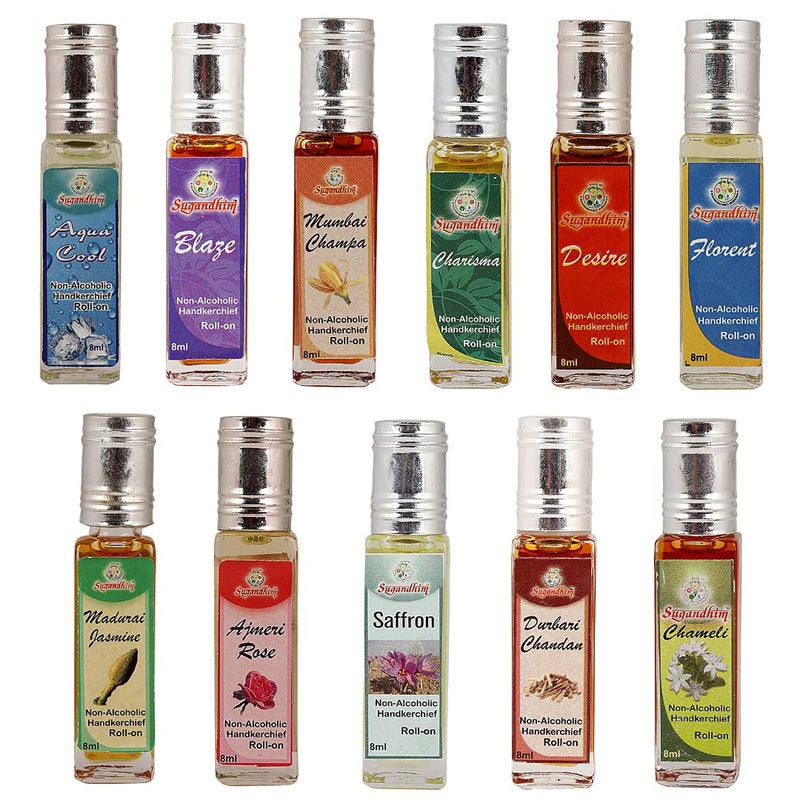 Sugandhim Roll On 11 x 8ml Attar Ittar Aqua Cool MograJasmine Mumbai Champa Blaze Charisma Durbari Chandan Sandal Ajmeri RoseGulab Desire Saffron Florent Chameli - Image 1