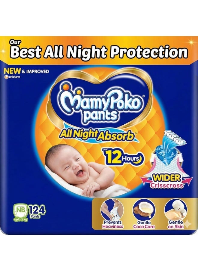 Mamypoko pants All night absorb| Pant Style Baby Diapers New Born/X-Small, 124 Count, Ideal for upto 5Kgs|1 Diaper= Upto All night Absorption|Wider Crisscross Sheet|Gentle Coco Care| 12hr Leakage Prot