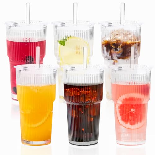 GOSCHE 20oz Glass Cups with Lids and Straws, Reusable Iced Coffee Cups, Thickened Glass Tumbler Set Ideal for Juices, Smoothies, Cocktails, and Beverage, Clear, 6 Pack - Image 1