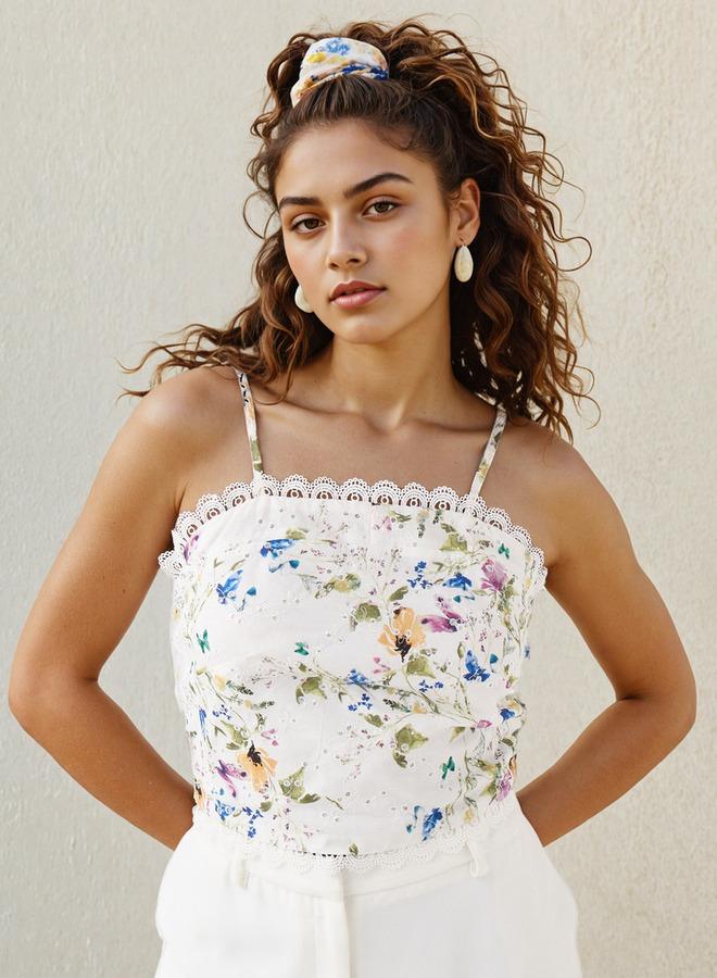 تواكستريمز بلوزة بدون أكمام بطبعة زهور مع تطريز دانتيل - Image 1