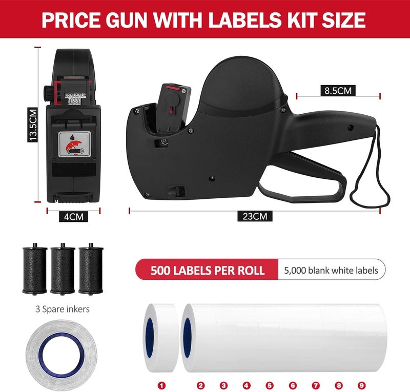 KPX MX5500 Pricing Tag Gun with 5150 pcs Sticker Labels & Extra Inker, 8 Digits Tag Maker for Retail Shop, Grocery Store (Black) - Image 2