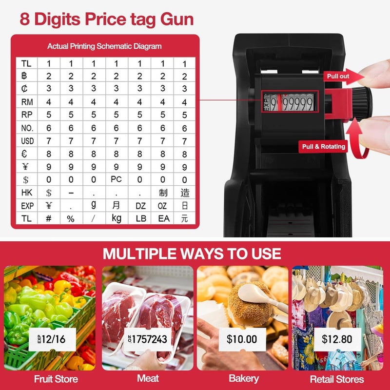KPX MX5500 Pricing Tag Gun with 5150 pcs Sticker Labels & Extra Inker, 8 Digits Tag Maker for Retail Shop, Grocery Store (Black) - Image 3