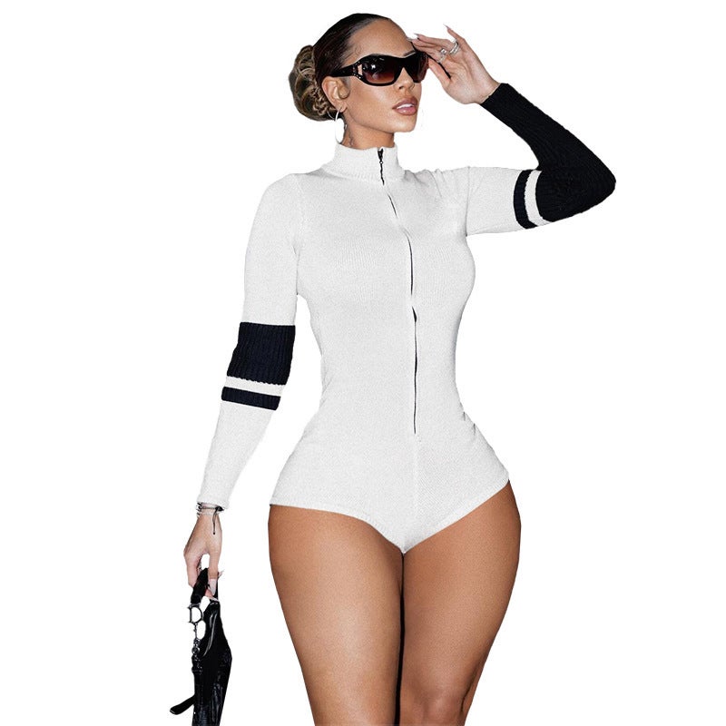 Women's Knitted Color Block High Neck Zipper Tight Moto Jumpsuit - Image 5