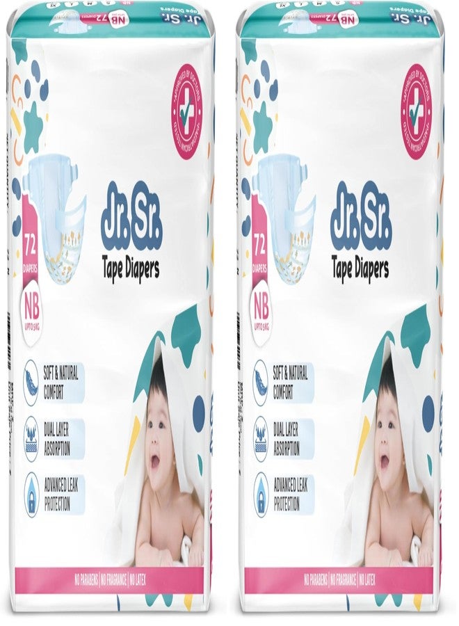 Jr. Sr. Baby Tape Style Diaper | Adjustable Fit for Babies | Newborn/Extra Small (NB/XS) Size (0-5kg), 72 Count | Pack of 2 | Upto 12 hr Absorption with Advanced Leak Protection | Soft & Comfy
