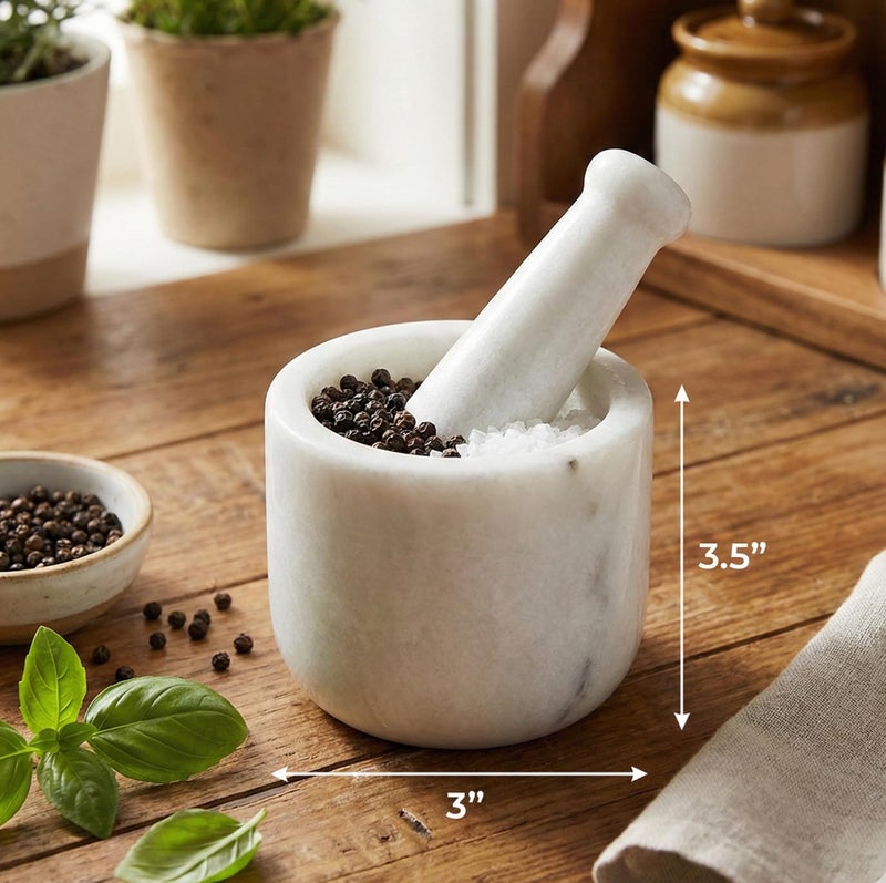 KLEO 3.5" Wide White Marble Stone Mortar and Pestle Set as Spice, Medicine Grinder Masher - Okhli And Musal - Image 2