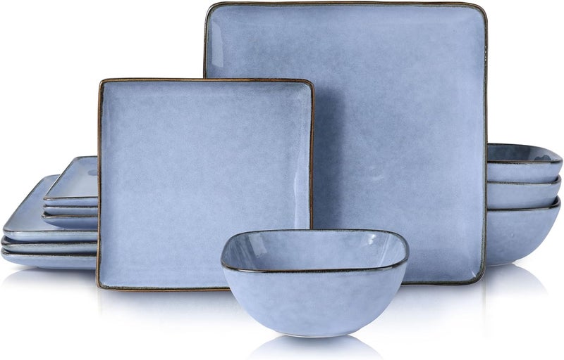 E-far Efar Square Plates and Bowls Sets 12Piece Stoneware Dinnerware Sets for 4 Reactive Glaze Dish Set Chip and Scratch Resistant Microwave and Dishwasher Safe Ocean Blue - Image 1