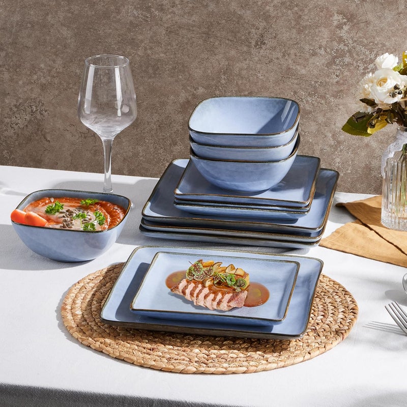 E-far Efar Square Plates and Bowls Sets 12Piece Stoneware Dinnerware Sets for 4 Reactive Glaze Dish Set Chip and Scratch Resistant Microwave and Dishwasher Safe Ocean Blue - Image 4