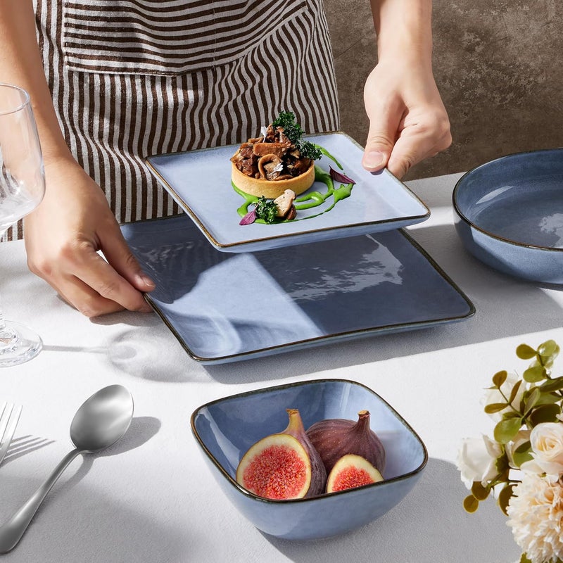 E-far Efar Square Plates and Bowls Sets 12Piece Stoneware Dinnerware Sets for 4 Reactive Glaze Dish Set Chip and Scratch Resistant Microwave and Dishwasher Safe Ocean Blue - Image 3