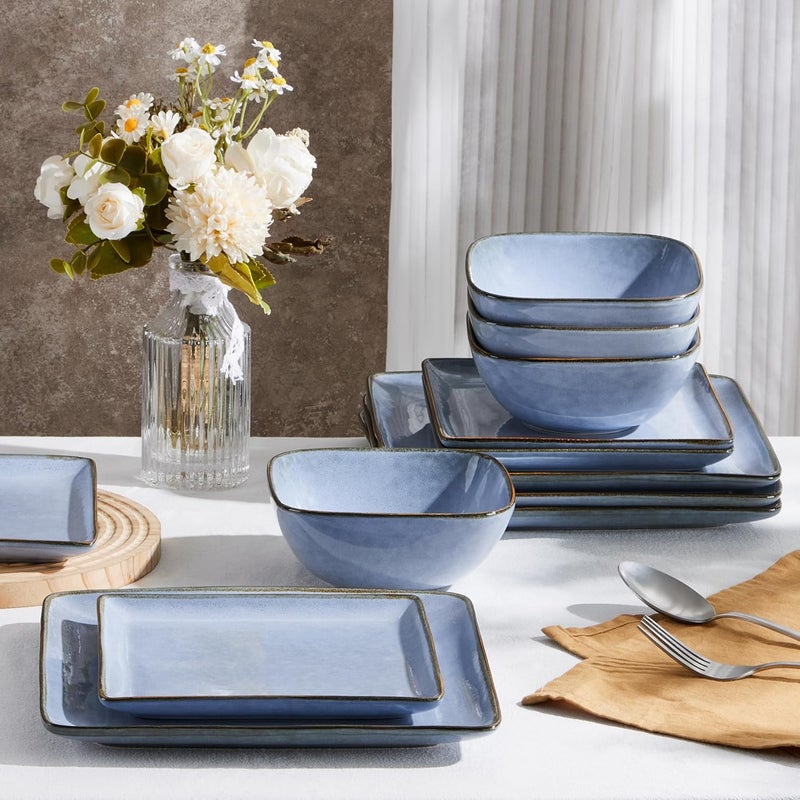 E-far Efar Square Plates and Bowls Sets 12Piece Stoneware Dinnerware Sets for 4 Reactive Glaze Dish Set Chip and Scratch Resistant Microwave and Dishwasher Safe Ocean Blue - Image 5