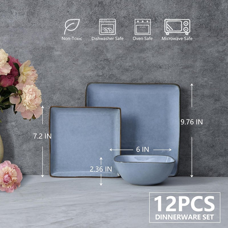 E-far Efar Square Plates and Bowls Sets 12Piece Stoneware Dinnerware Sets for 4 Reactive Glaze Dish Set Chip and Scratch Resistant Microwave and Dishwasher Safe Ocean Blue - Image 2