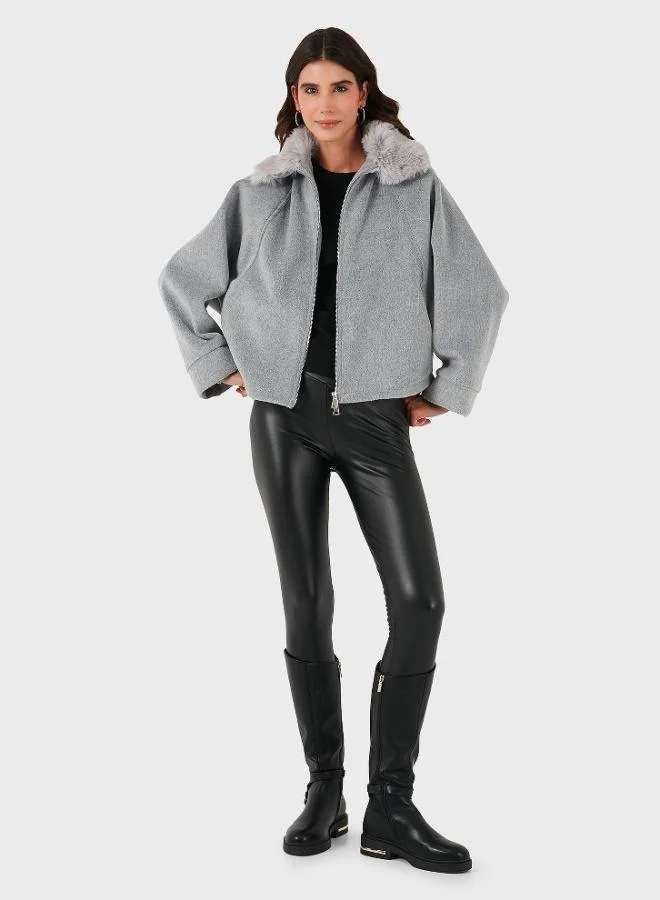 Lela Lela Cotton Blend Oversize Fur Collar Batwing Sleeve Winter Cashmere Coat Women's COAT 6839660