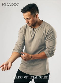 roaiss Men Long Sleeve Henley Shirts Muscle Slim Fit V Neck Button Pure Cotton T Shirt Fitness Bottoming Elastic Shirt for Gym or Casual Time  - Image 4
