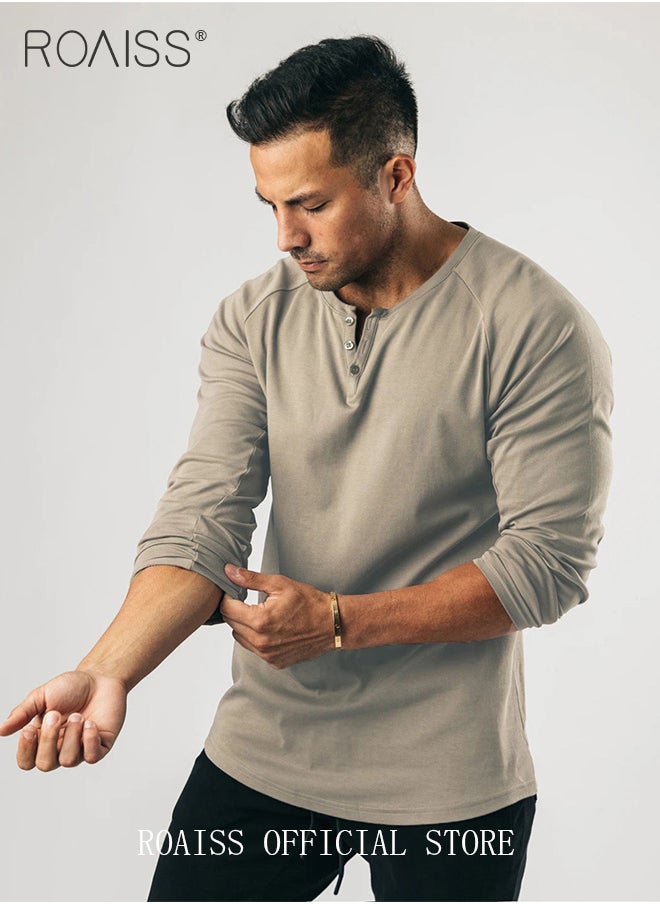 roaiss - Men Long Sleeve Henley Shirts Muscle Slim Fit V Neck Button Pure Cotton T Shirt Fitness Bottoming Elastic Shirt for Gym or Casual Time - Image 1
