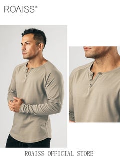 roaiss Men Long Sleeve Henley Shirts Muscle Slim Fit V Neck Button Pure Cotton T Shirt Fitness Bottoming Elastic Shirt for Gym or Casual Time  - Image 3